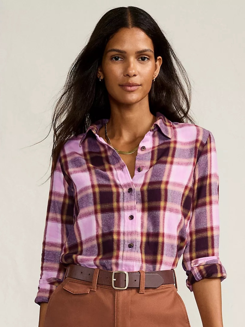 NWT Lands End Pink/Brown Flannel Shirt Small